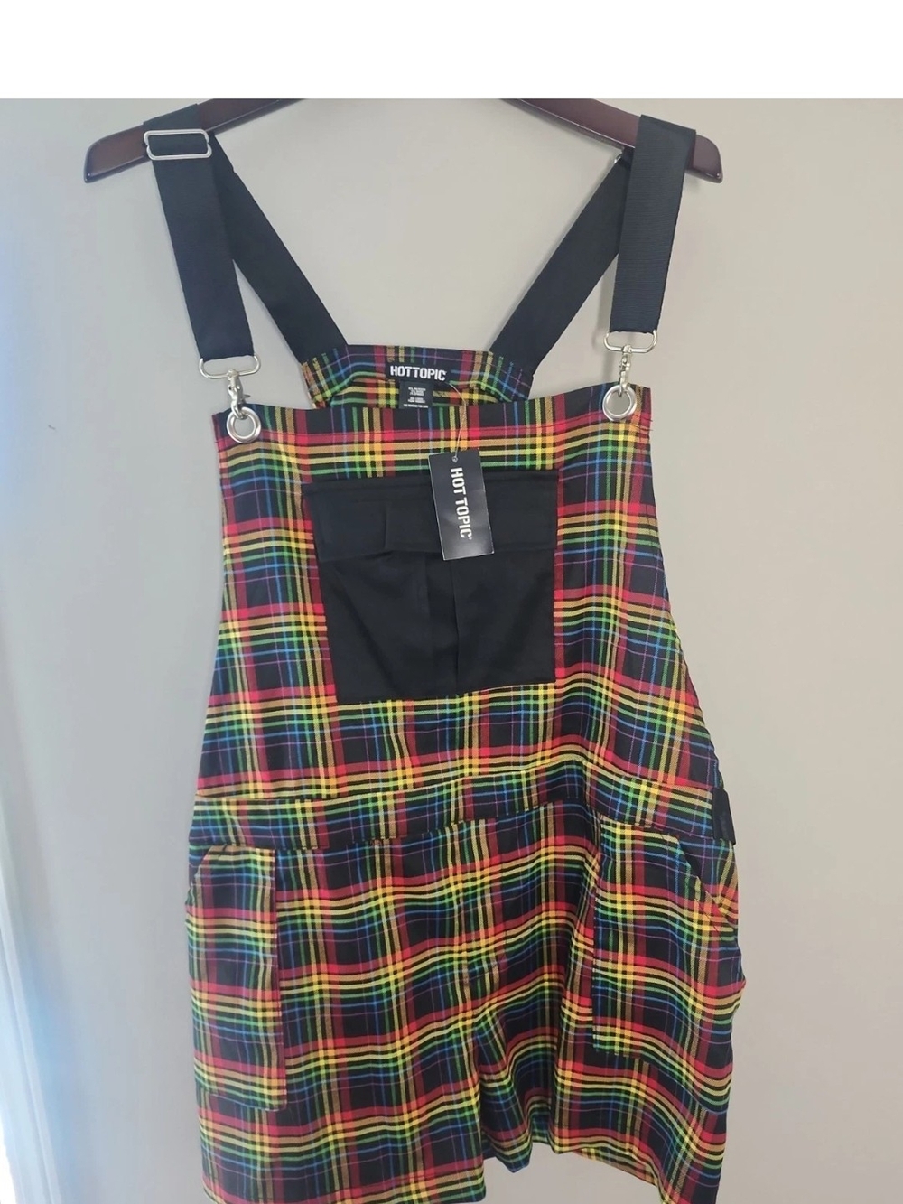 Hot Topic Black Multi Plaid Short Overalls Romper Kidcore Punk Emo Size 2X - Picture 2 of 5